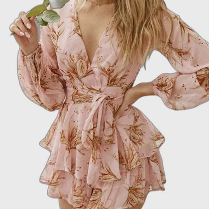 Floral Draped Short Sleeve Mini Dress for Women