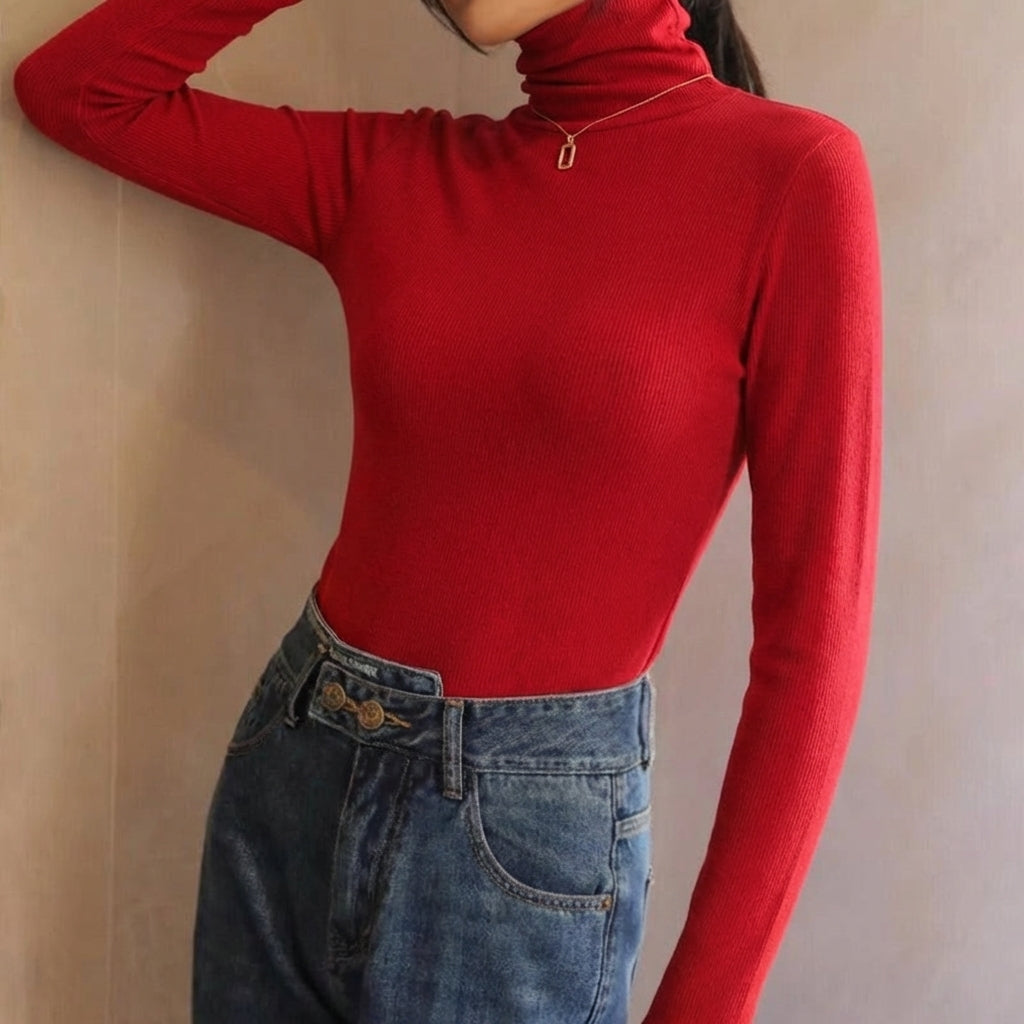 Slim Fit Turtleneck Long Sleeve Top for Women