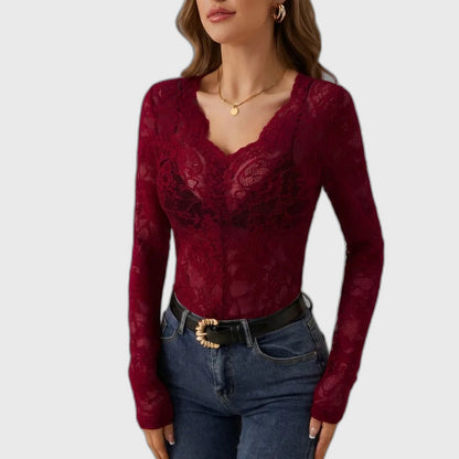 Lace Fitted Short Sleeve Top with Sheer for Women