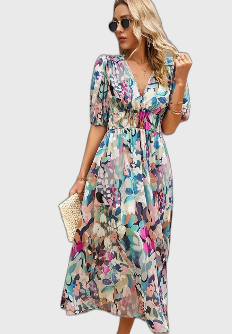 Floral Puff Sleeve Midi Dress with Gathered for Women