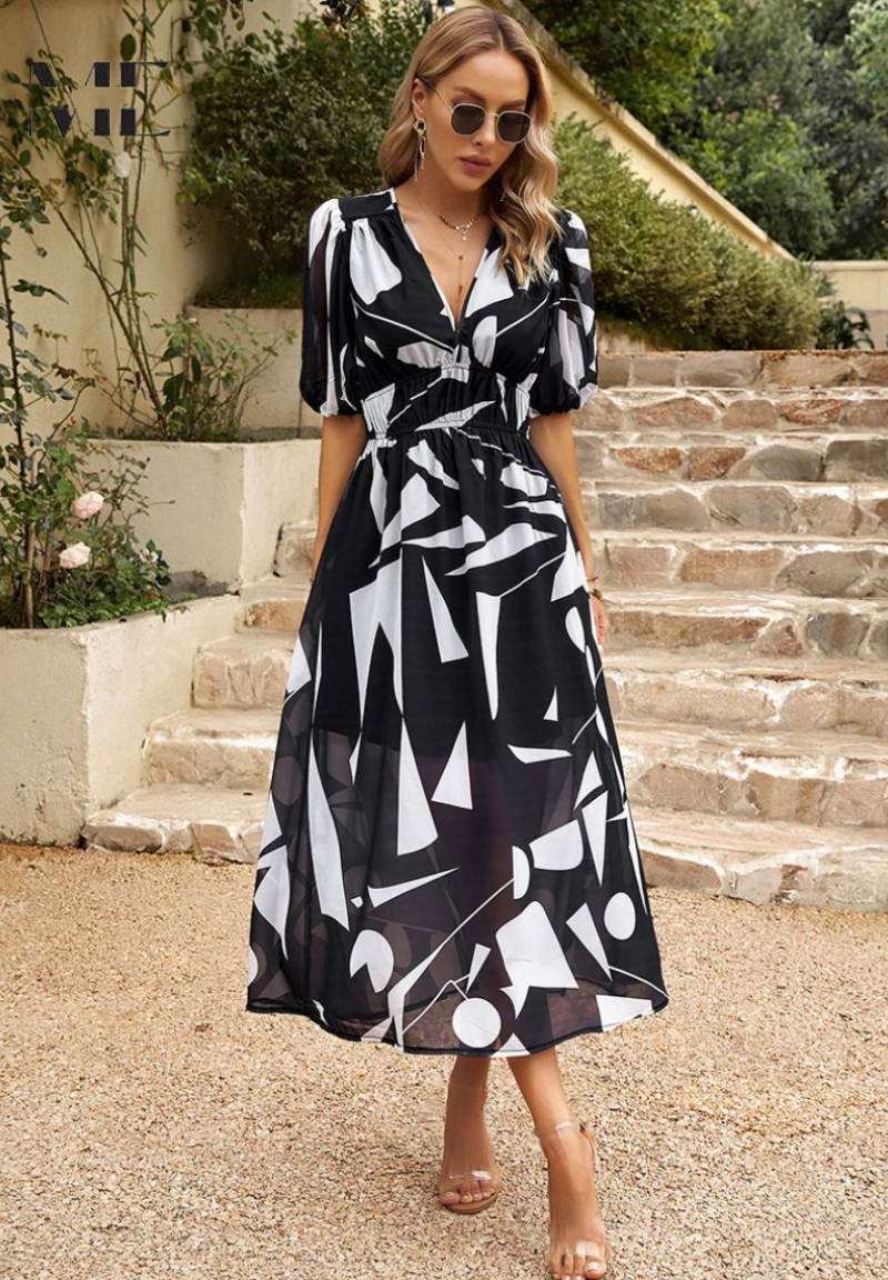 Floral Puff Sleeve Midi Dress with Gathered for Women