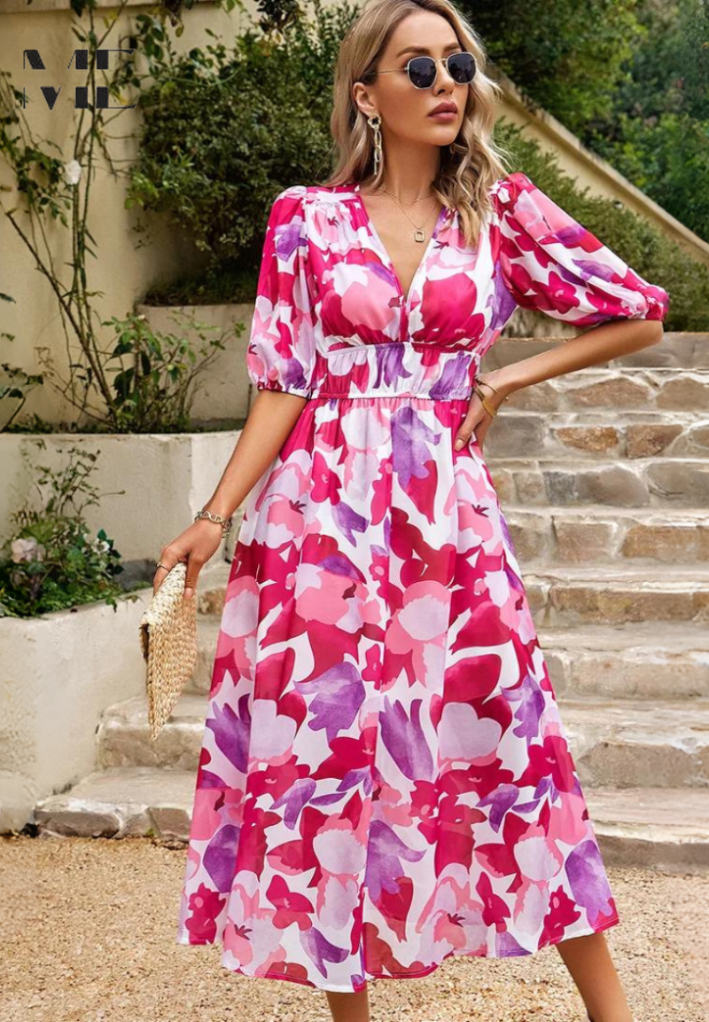 Floral Puff Sleeve Midi Dress with Gathered for Women