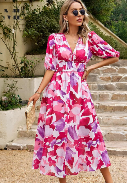 Floral Puff Sleeve Midi Dress with Gathered for Women