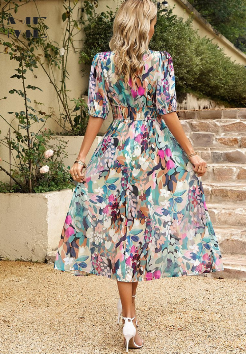 Floral Puff Sleeve Midi Dress with Gathered for Women