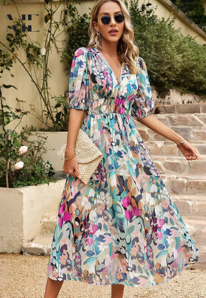 Floral Puff Sleeve Midi Dress with Gathered for Women