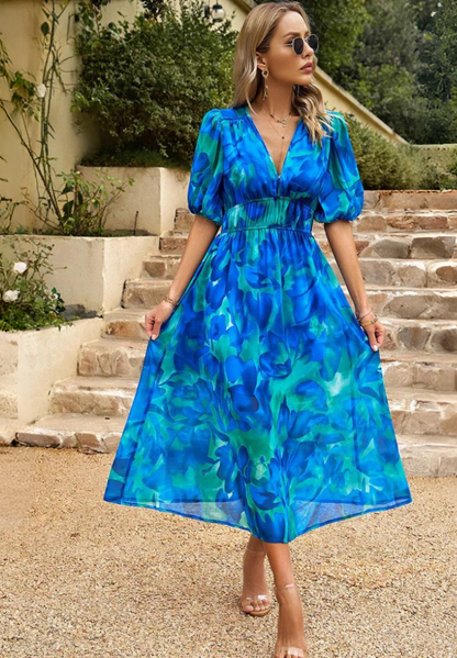 Floral Puff Sleeve Midi Dress with Gathered for Women