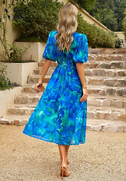 Floral Puff Sleeve Midi Dress with Gathered for Women