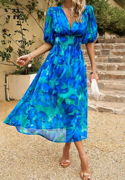 Floral Puff Sleeve Midi Dress with Gathered for Women