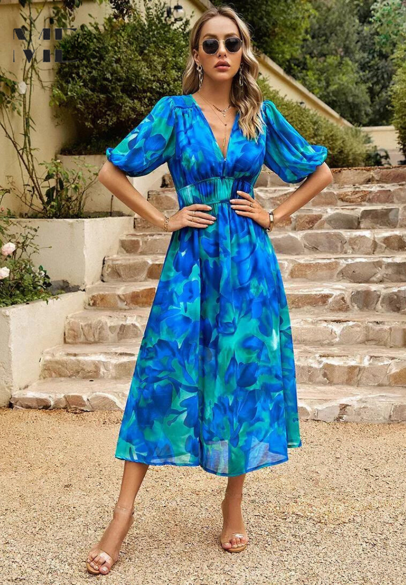 Floral Puff Sleeve Midi Dress with Gathered for Women
