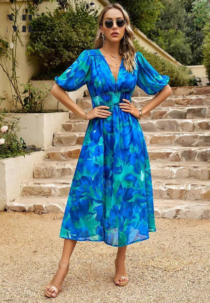 Floral Puff Sleeve Midi Dress with Gathered for Women