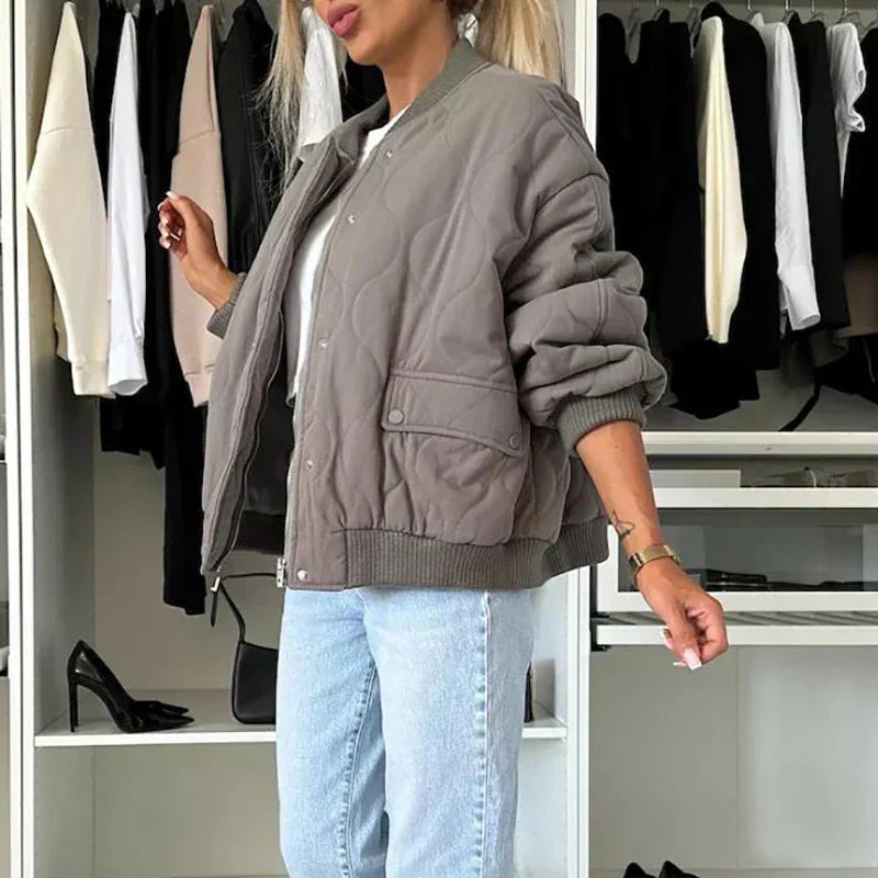 Ribbed A-Line Long Sleeve Bomber Jacket for Women