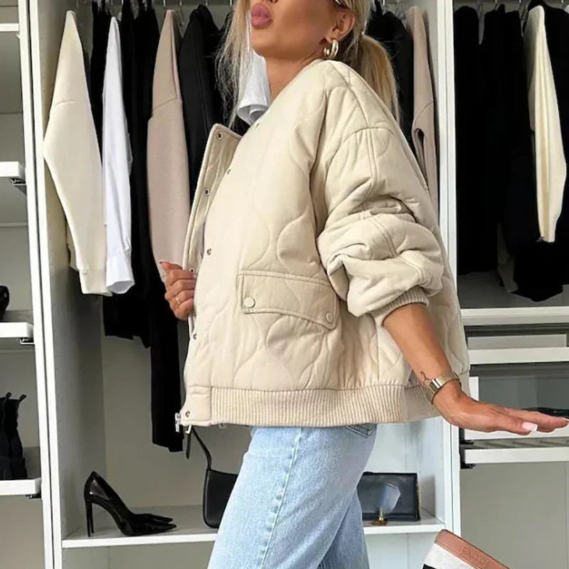 Ribbed A-Line Long Sleeve Bomber Jacket for Women