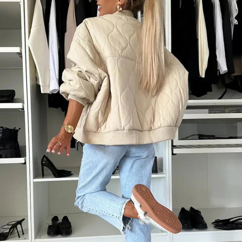 Ribbed A-Line Long Sleeve Bomber Jacket for Women