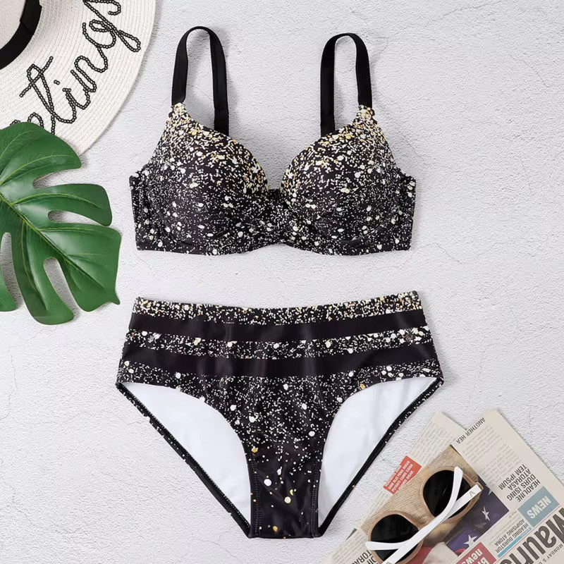 High waist bikini set with leaf print and clean silhouette for women