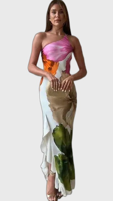 Floral Flowing Full-Length Maxi Dress with One-Shoulder for Women