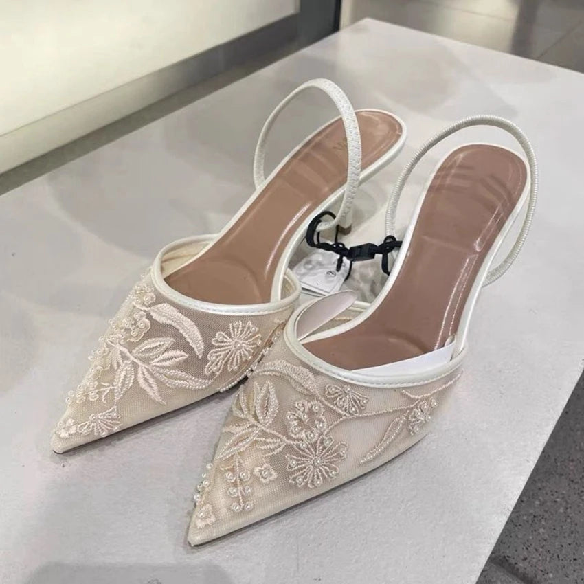 Embroidered Mesh Kitten Heel Slingback Pointed Toe Shoes for Women