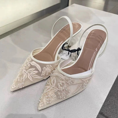 Embroidered Mesh Kitten Heel Slingback Pointed Toe Shoes for Women