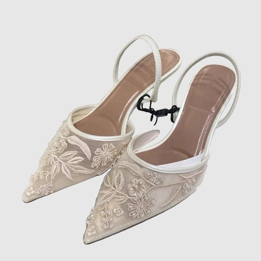 Embroidered Mesh Kitten Heel Slingback Pointed Toe Shoes for Women