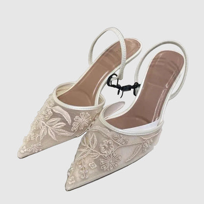 Embroidered Mesh Kitten Heel Slingback Pointed Toe Shoes for Women