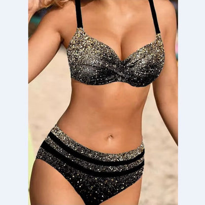 High waist bikini set with leaf print and clean silhouette for women
