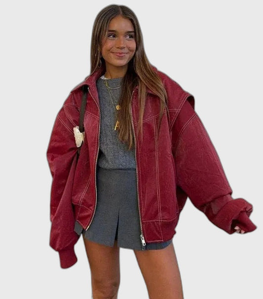 Ribbed Oversized Bomber Jacket with Long Sleeve for Women