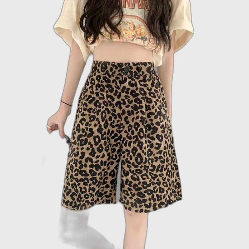 Denim Leopard High-Waist Casual Shorts for Women
