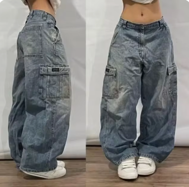 Wide Leg Cargo Jeans with Utility Pockets for Women