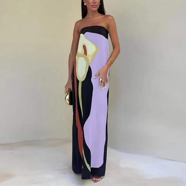Printed Flowing Fitted Maxi Dress with Strapless for Women
