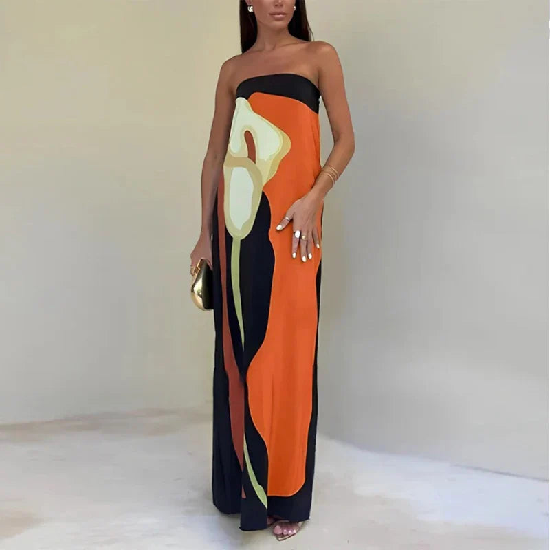 Printed Flowing Fitted Maxi Dress with Strapless for Women