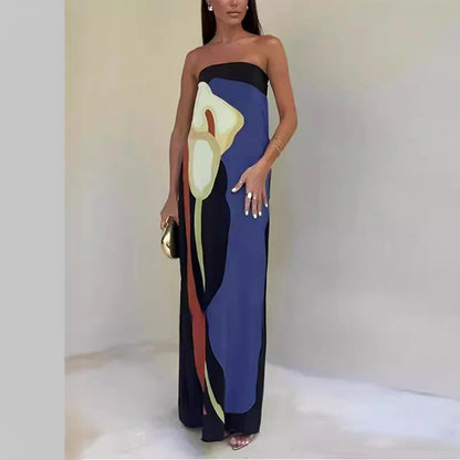 Printed Flowing Fitted Maxi Dress with Strapless for Women