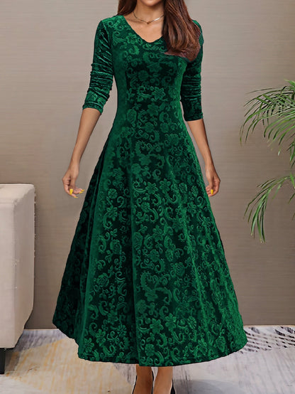 A-Line Fitted Flared Midi Dress with V-Neck for Women