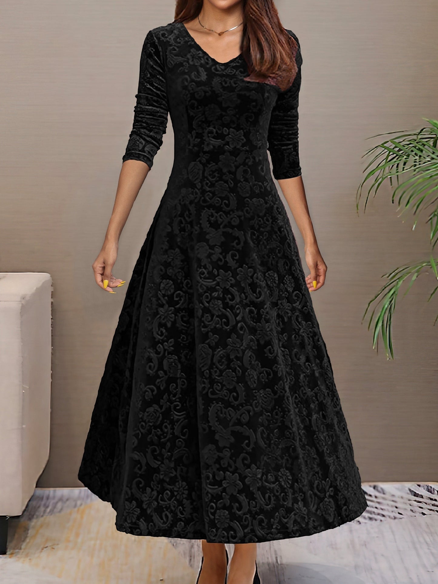 A-Line Fitted Flared Midi Dress with V-Neck for Women