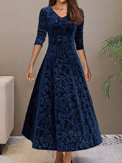 A-Line Fitted Flared Midi Dress with V-Neck for Women