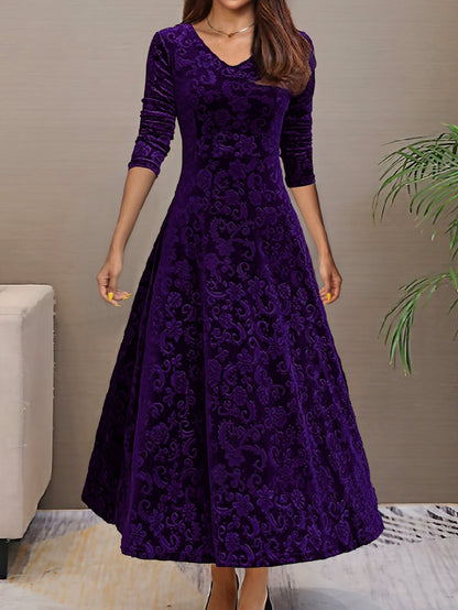 A-Line Fitted Flared Midi Dress with V-Neck for Women