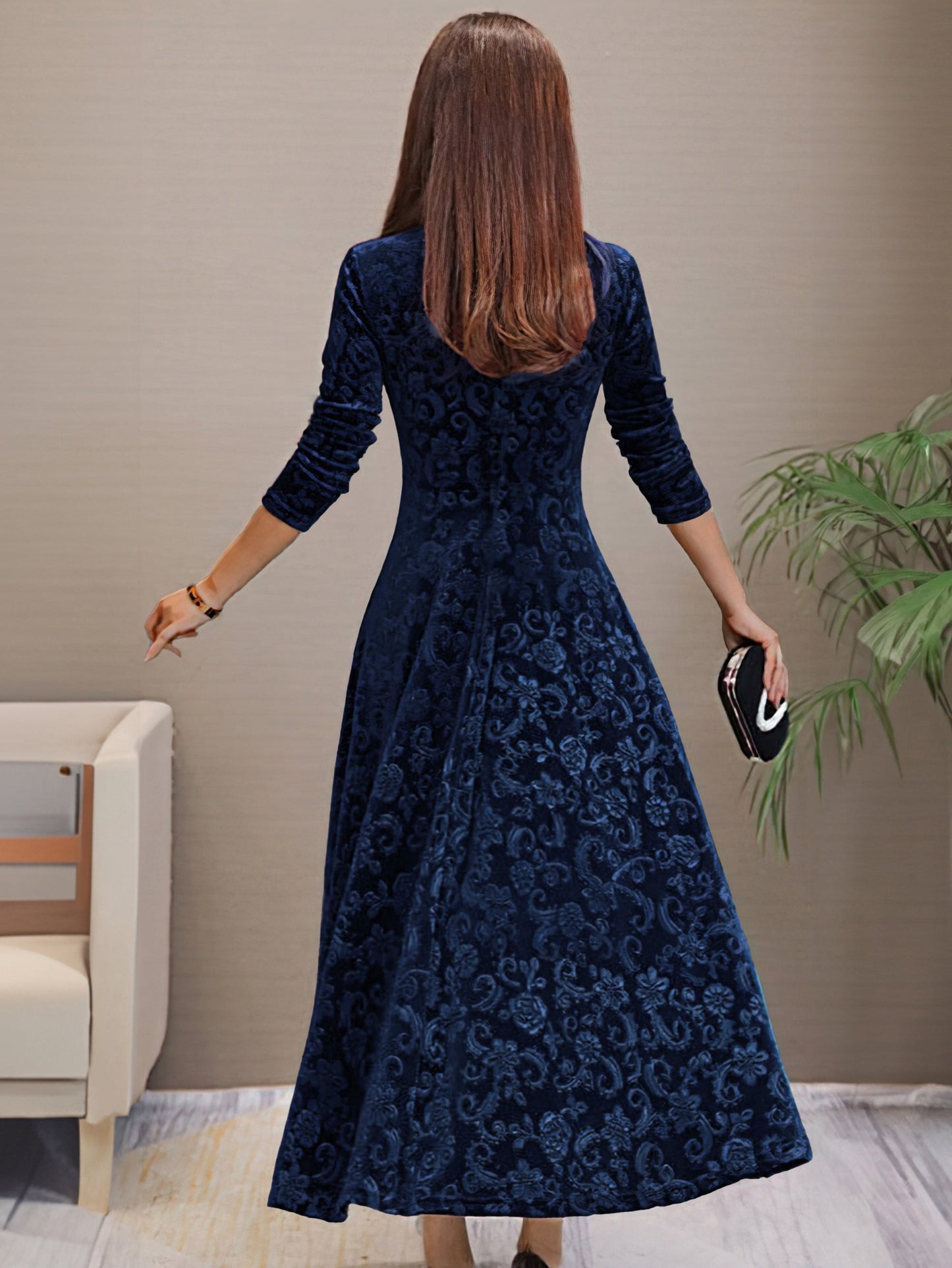 A-Line Fitted Flared Midi Dress with V-Neck for Women