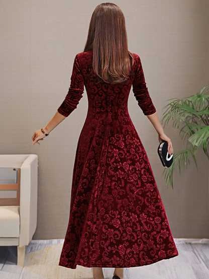 A-Line Fitted Flared Midi Dress with V-Neck for Women