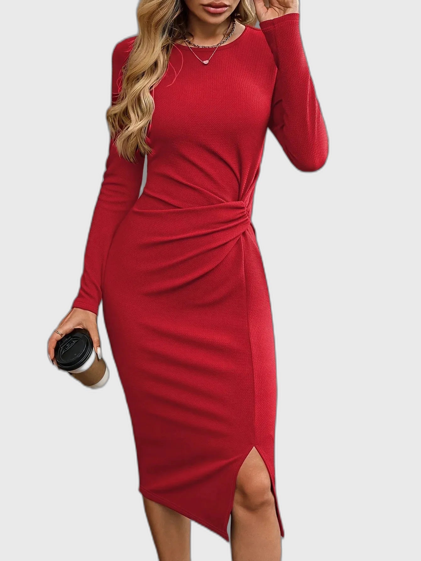 Ruched Fitted Midi Dress with Asymmetric for Women