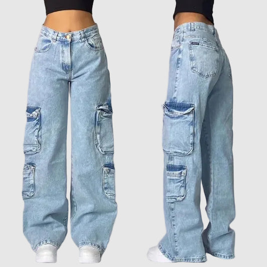 Wide Leg Cargo Jeans with Utility Pockets for Women