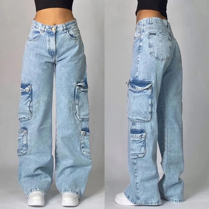 Wide Leg Cargo Jeans with Utility Pockets for Women