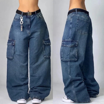 Wide Leg Cargo Jeans with Utility Pockets for Women