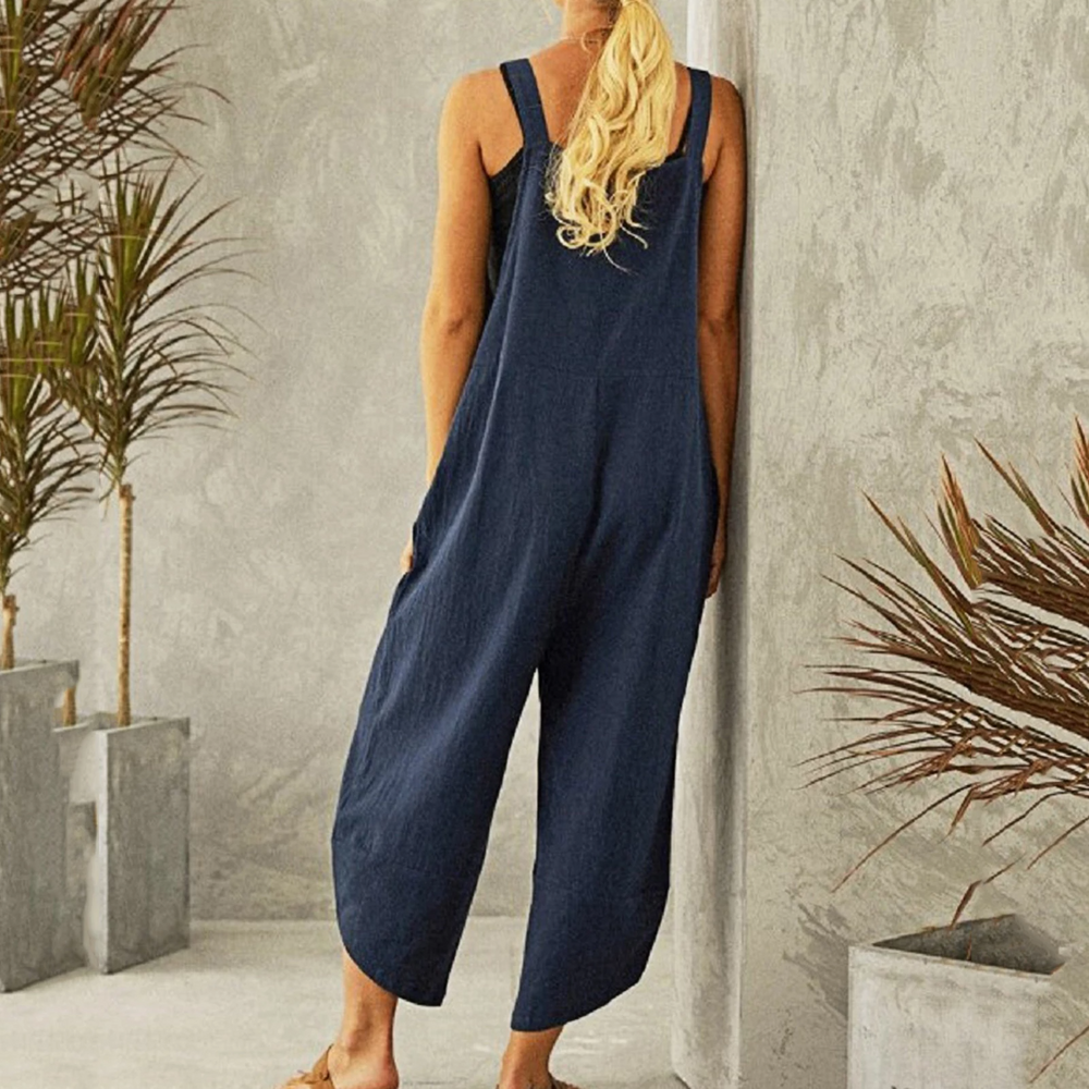 Dungaree style jumpsuit with adjustable straps and relaxed fit for women