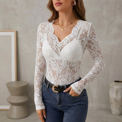 Lace Fitted Short Sleeve Top with Sheer for Women