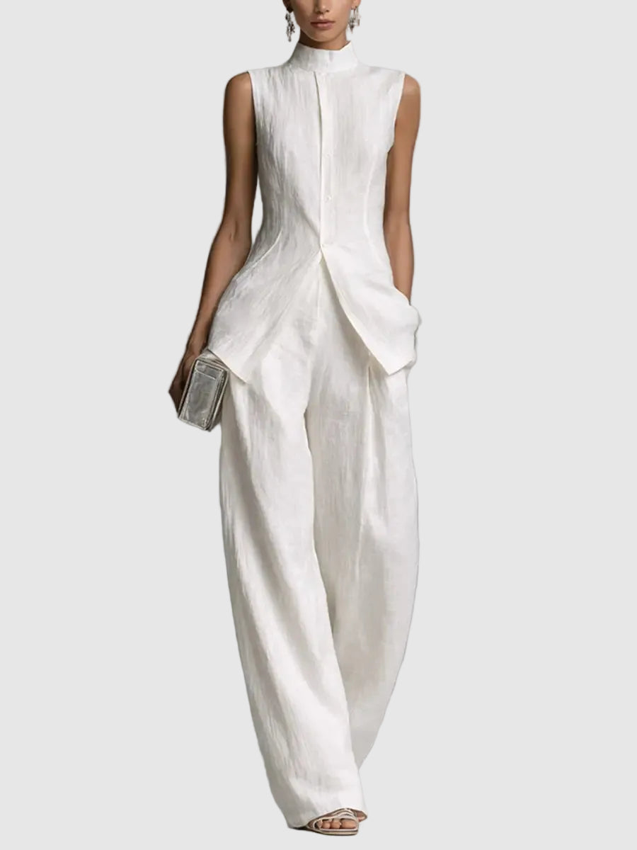 Linen Co-ord Set Wide Leg Trousers with Shell Buttons for Women