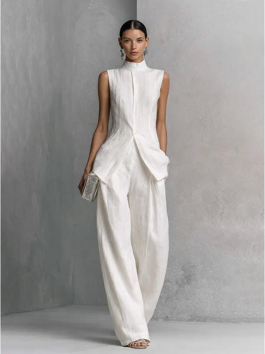 Linen Co-ord Set Wide Leg Trousers with Shell Buttons for Women