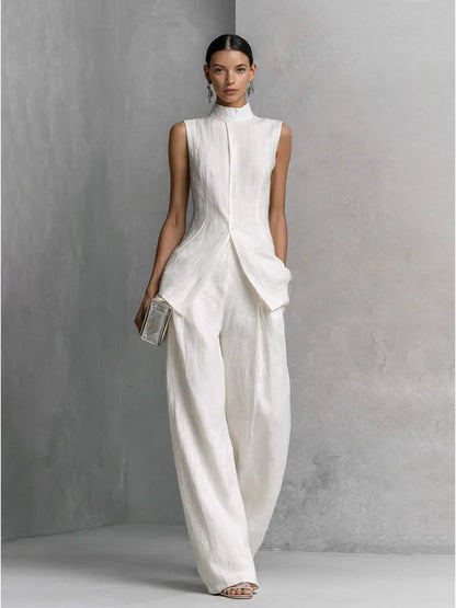Linen Co-ord Set Wide Leg Trousers with Shell Buttons for Women