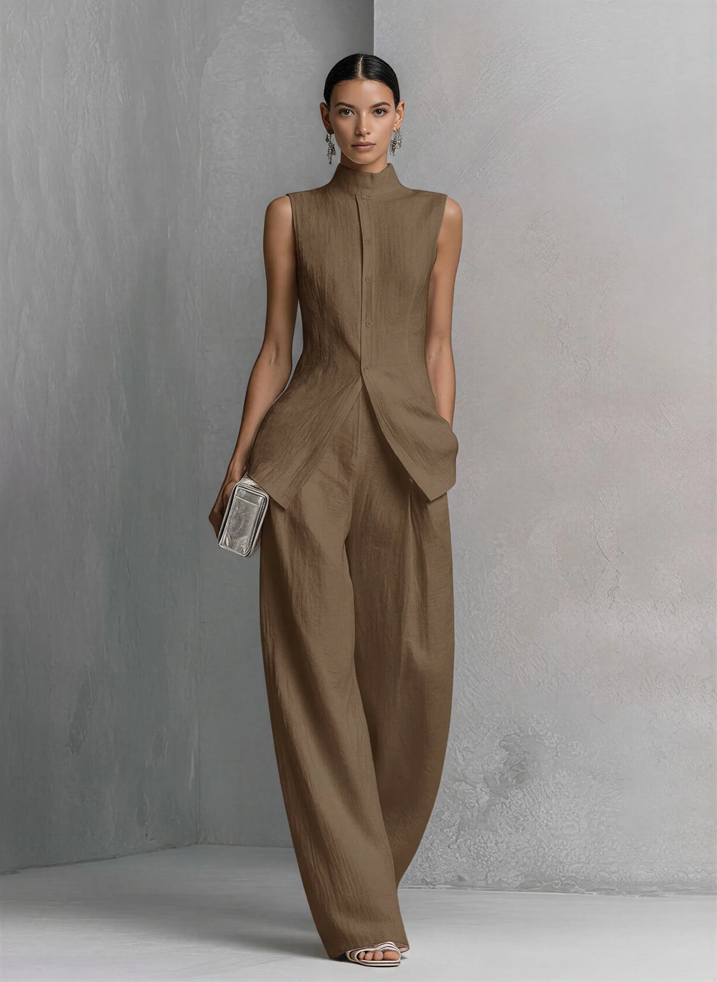 Linen Co-ord Set Wide Leg Trousers with Shell Buttons for Women