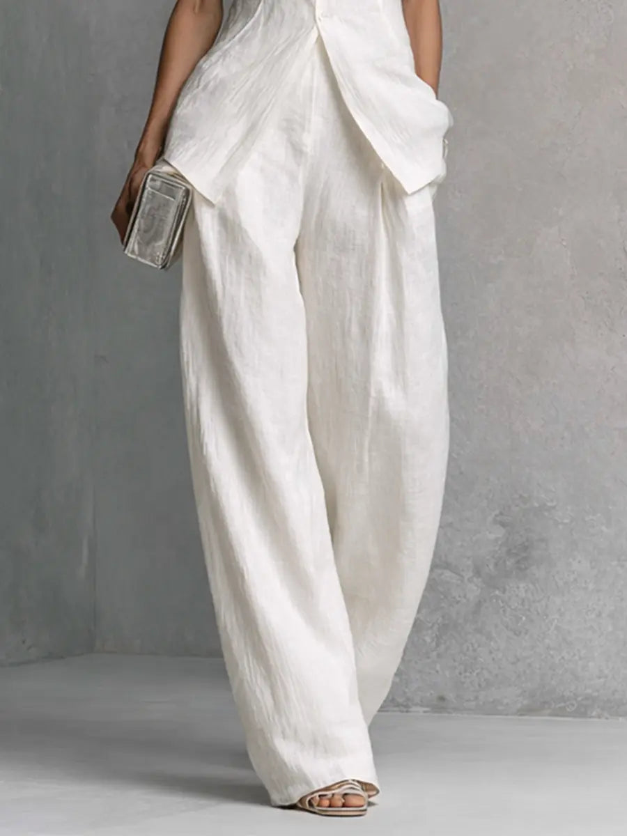 Linen Co-ord Set Wide Leg Trousers with Shell Buttons for Women