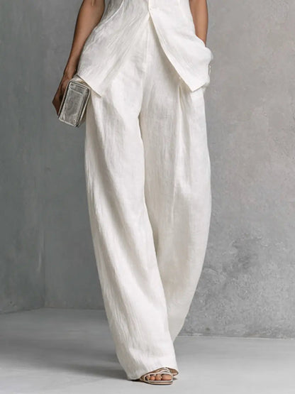 Linen Co-ord Set Wide Leg Trousers with Shell Buttons for Women