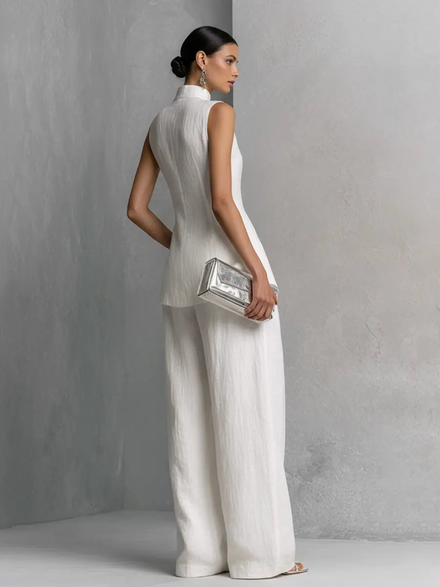 Linen Co-ord Set Wide Leg Trousers with Shell Buttons for Women