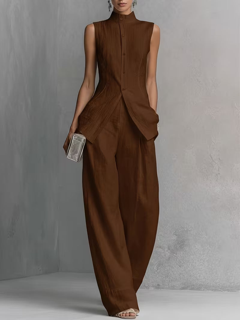 Linen Co-ord Set Wide Leg Trousers with Shell Buttons for Women
